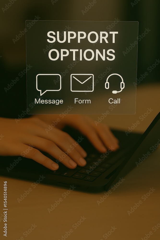 Poster an individual's hands interact with the support options interface of a modern laptop, highlighting t