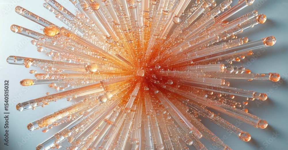 Poster Bursting starburst pattern. Orange liquid droplets radiate outward, creating dynamic visual effect. Brightness contrasts with dark background.