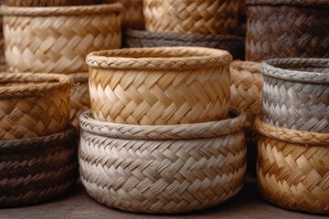 Obraz premium A collection of woven baskets in various colors are arranged in a group