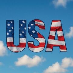 A patriotic visual of the USA, where the country's flag is incorporated into the lettering, set against a bright sky with fluffy clouds, celebrates American identity.