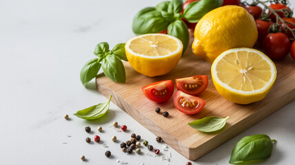 High-quality food photography of fresh lemons, cherry tomatoes, and basil on a wooden cutting board

