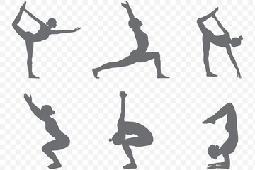 various yoga girls postures silhouette. Set of vector silhouette illustrations design isolated on transparent  background. 