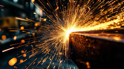 Metal workshop with glowing sparks in motion, showcasing raw industrial energy and precision craftsmanship
