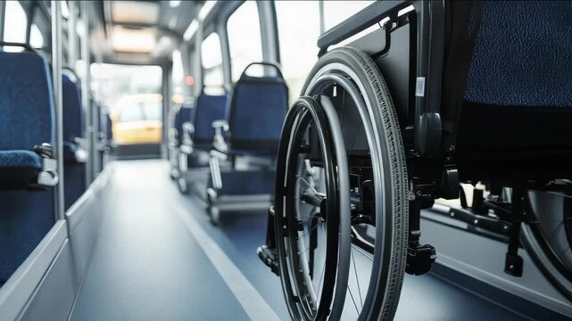 The wheelchair is located in the middle of the bus.