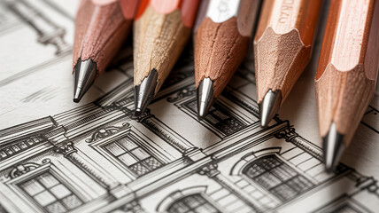 Macro of four sharpened graphite pencils on detailed architectural drawing with soft lighting and shallow depth of field

