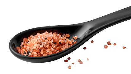 Pink Himalayan Salt on Black Spoon, Natural Seasoning, Organic Salt Crystals, Close-Up Food Photography on a transparent background