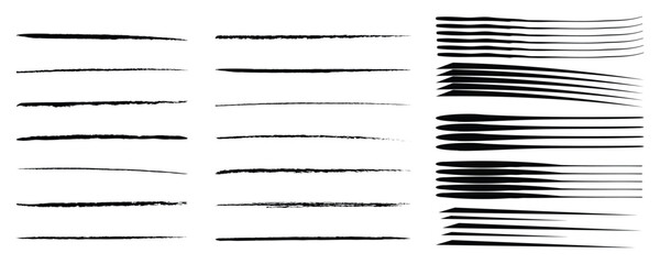lines and pencil strokes. Horizontal rough dry lines, doodle charcoal strokes. Chalk straight scribbles for underlining vector illustration isolated on white background. 
