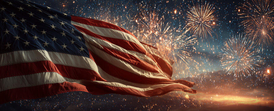 American flag with fireworks in background, patriotic celebration, USA Independence Day, freedom, national pride, culture, tradition, holiday event.

