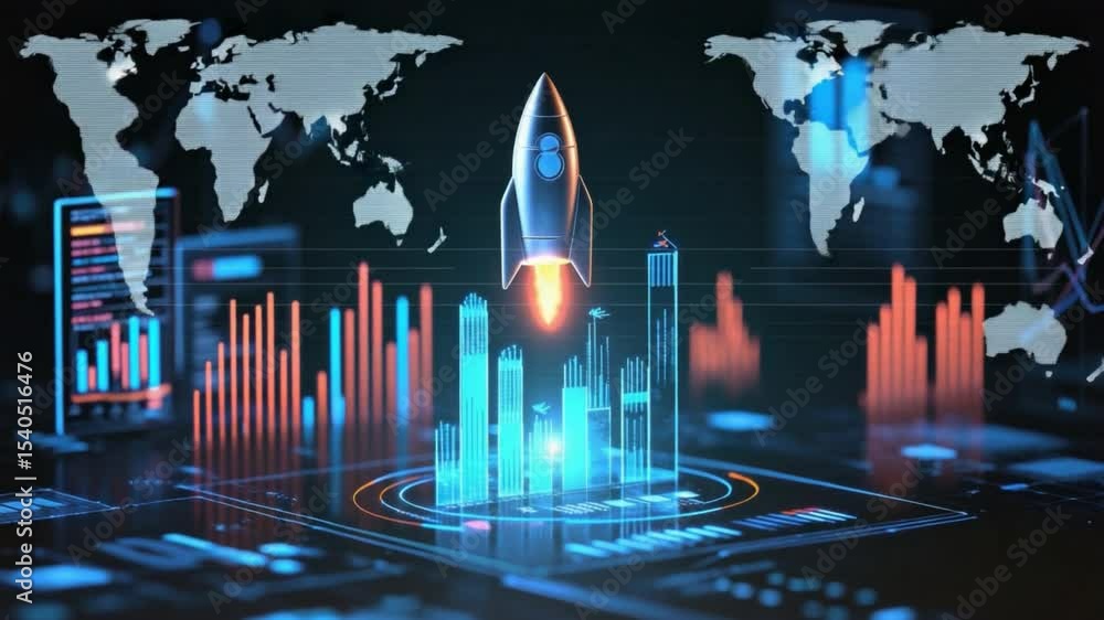 Poster futuristic rocket launch with data visualization elements in a high-tech environment 4k video footag