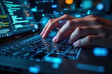 Closeup Dark Laptop Keyboard Hands Typing Blue Code Lines Data Network Gigapixel image