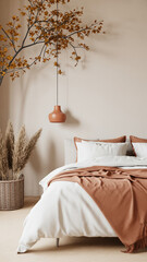 Minimalist bohemian bedroom with white bedding, terracotta pendant light, and autumn decor in warm neutral tones

