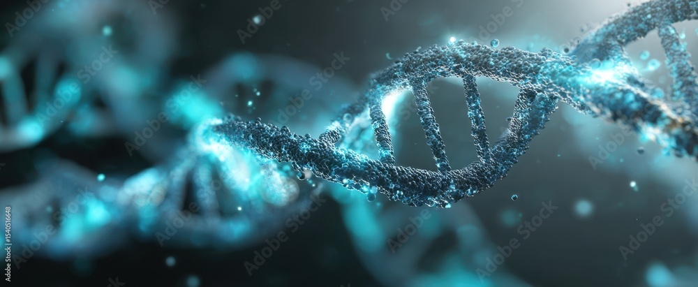 Poster the mesmerizing structure of dna with luminous particles and abstract background.