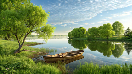Obraz premium Lake Scene with Wooden Rowboat and Lush Green Trees