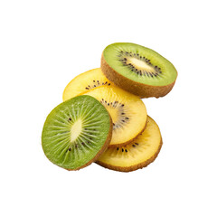 Fototapeta premium Golden and Green Kiwi Slices: A vibrant stack of golden and green kiwi slices, showcasing their juicy texture and bright colors. 