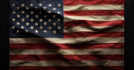 Closeup of waving American flag in dark background, patriotic USA theme, national pride, freedom, unity, symbol of heritage, cultural celebration.

