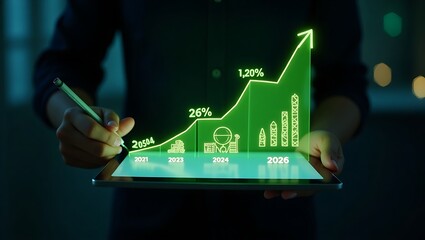 Businessman with a tablet PC displays a digital business graph, connecting to a global network interface