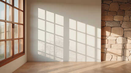Minimalist interior photograph with natural light casting geometric window shadows on white wall beside rustic stone and wooden parquet floor

