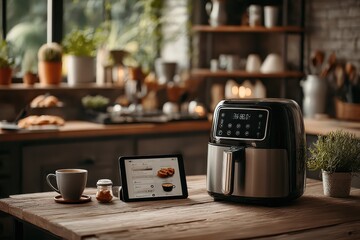 Modern Air Fryer Next to Tablet Displaying Recipe in Cozy Kitchen Setting