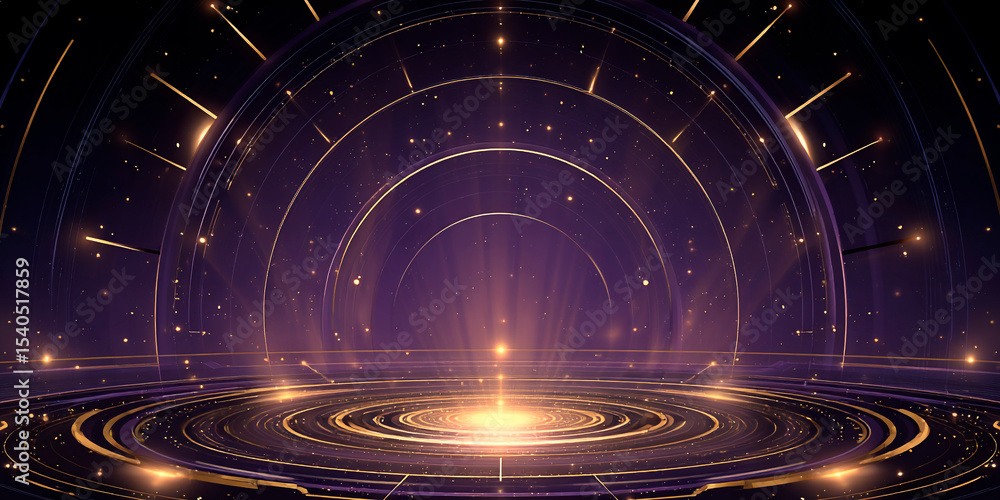 Poster glowing circular portal with golden light beams and particles in a futuristic sci-fi environment wit