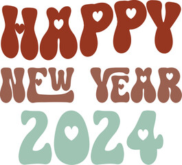 Happy New Year 2024 Retro Design with Hearts