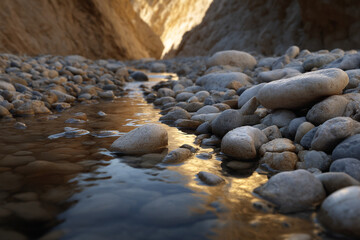 Smooth stones sunlight reflections narrow canyon.