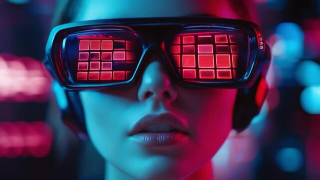 Cyber Vision: Futuristic female wearing cyber glasses, reflecting a dynamic and evolving digital world, with data interfaces as the focus.