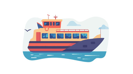 A stylized illustration depicting a passenger ferry boat floating on calm blue water. The boat is primarily yellow and orange with a dark blue hull, featuring a simple, cartoonish design. 