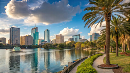 Orlando Skyline with Lake Eola Reflections and Palm Trees