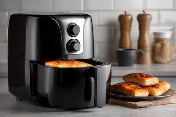Modern Air Fryer on Clean Counter with Drawer Open Showing Cooked Food Ready to Serve