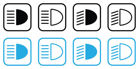 Vector Icon Set of Car Headlight and Dashboard Light Symbols – High Beam, Fog Light, Low Beam Indicators