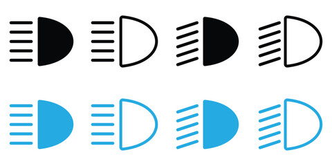 Vector Icon Set of Car Headlight and Dashboard Light Symbols – High Beam, Fog Light, Low Beam Indicators © maxalamin09