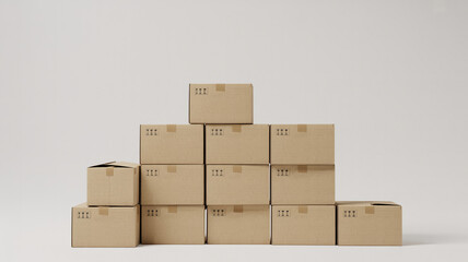 Stack of plain brown cardboard boxes arranged in pyramid formation on white background

