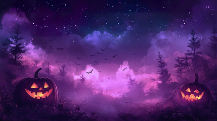 Fototapeta premium spooky Halloween scene featuring glowing pumpkins, bats, and mystical night sky filled with