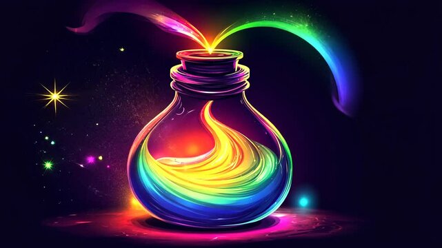 Vibrant rainbow potion in a glass bottle