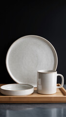 Minimalist product photo of white ceramic dinnerware set with matte finish on light wooden tray against black background

