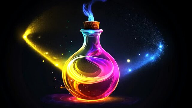 Colorful magic potion bottle with swirling light effects