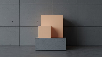 Minimalist product photography of two matte peachy-beige cubes stacked against textured dark gray concrete wall with soft lighting

