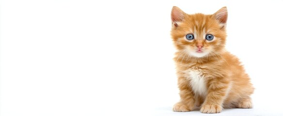 Obraz premium The adorable orange kitten with striking blue eyes sitting on a white background