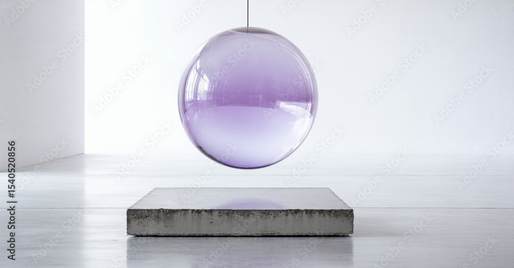 Poster purple sphere floats above concrete base. minimalist studio setup, soft lighting creates subtle shad