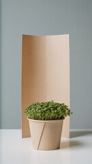 Minimalist product photo of geometric beige paper pot with green microgreens and sleeve on gray background

