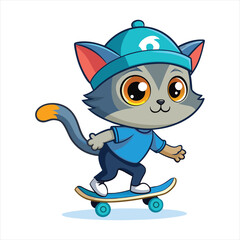 Cute Skater Cat Wearing Blue Hat and Shirt Cartoon Vector