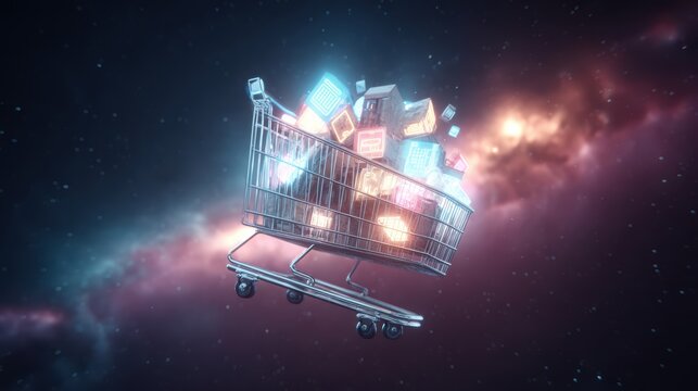 Floating Shopping Cart Filled with Glowing Digital Products in a Cosmic Background