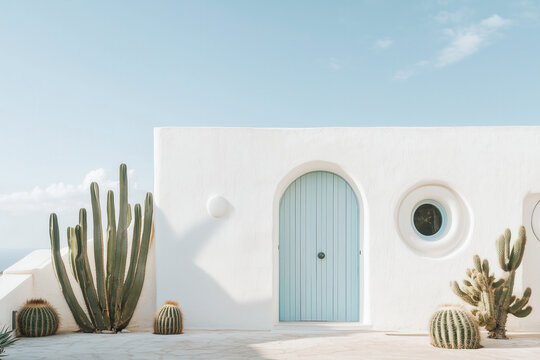 simple geometric white limestone house with blue wooden door and cactuses in the front
