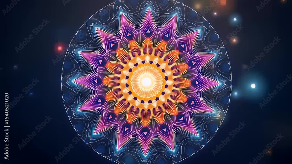 Poster intricate mandala design with vibrant colors and dynamic motion elements
