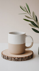 Minimalist product photography of two-toned ceramic mug on natural wood slice coaster with olive branch and soft lighting

