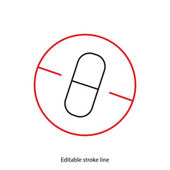 No pills symbol or icon. Vector stock illustration isolated on white background for design template medical, pharmacy, hospital, healthy bio shop concept web and print material. Editable stroke line