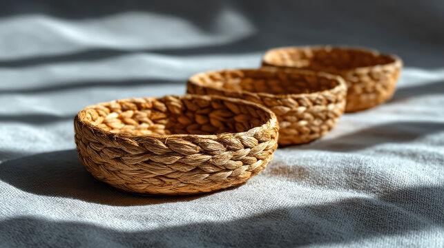 Stylish handmade baskets in a natural flatlay setting with soft textures, clean lines, and earthy eco-friendly appeal