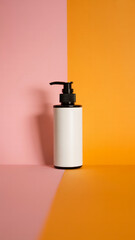Minimalist white skincare bottle with black pump on split pink and orange background in soft studio lighting

