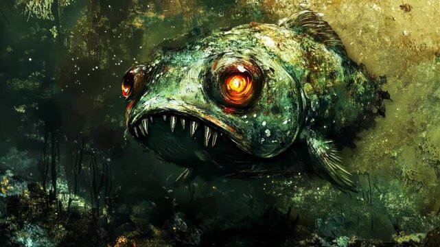 A surreal underwater scene featuring a menacing fish with glowing eyes.
