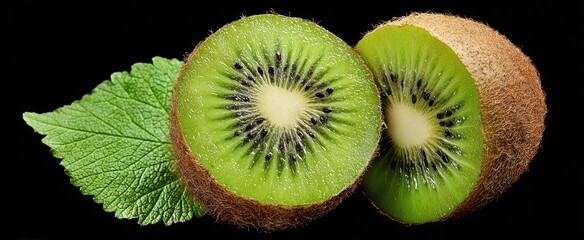 The vibrant green kiwi fruit sliced open revealing its juicy interior